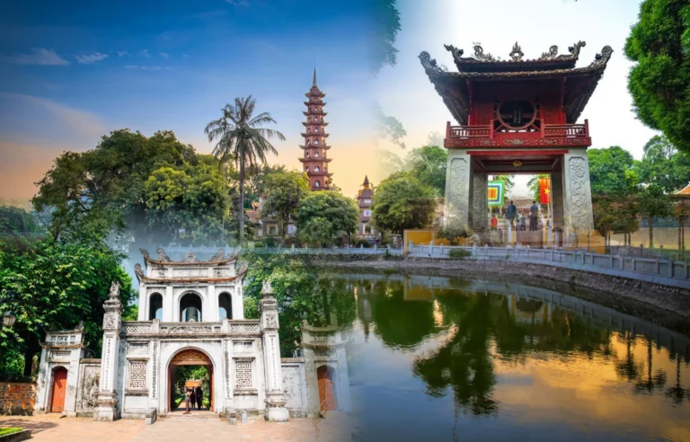 Afternoon Hanoi Half Day Tour featuring Tran Quoc Pagoda, Quan Thanh Temple, Temple of Literature, and peaceful lakes in Hanoi city, Vietnam travel experience.