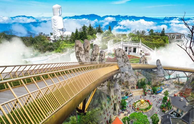Ba Na Hills Full Day Tour from Da Nang featuring Golden Bridge, cable car ride, French Village, Fantasy Park, and mountain views, Vietnam travel experience.