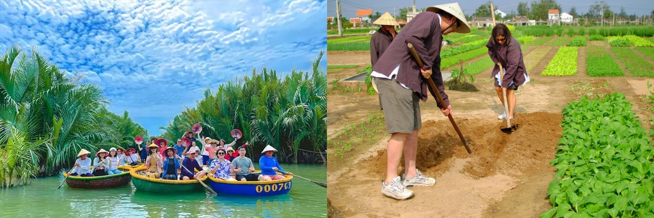 Coconut Jungle round bamboo boat ride and Tra Que vegetable farm experience with tourists planting and harvesting vegetables in Hoi An Vietnam