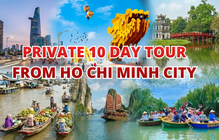 Customized 10-day trip from Ho Chi Minh City featuring Saigon skyline, Dragon Bridge, Hoan Kiem Lake, Mekong Delta floating market, Ha Long Bay cruise, Ninh Binh boat ride, and coconut basket boat experience in Vietnam