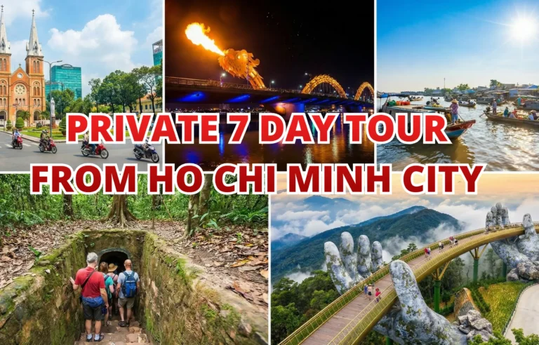 Customized 7-day trip from Ho Chi Minh City featuring Notre Dame Cathedral, Dragon Bridge fire show, Mekong Delta floating market, Cu Chi Tunnels, and Ba Na Hills Golden Bridge in Vietnam