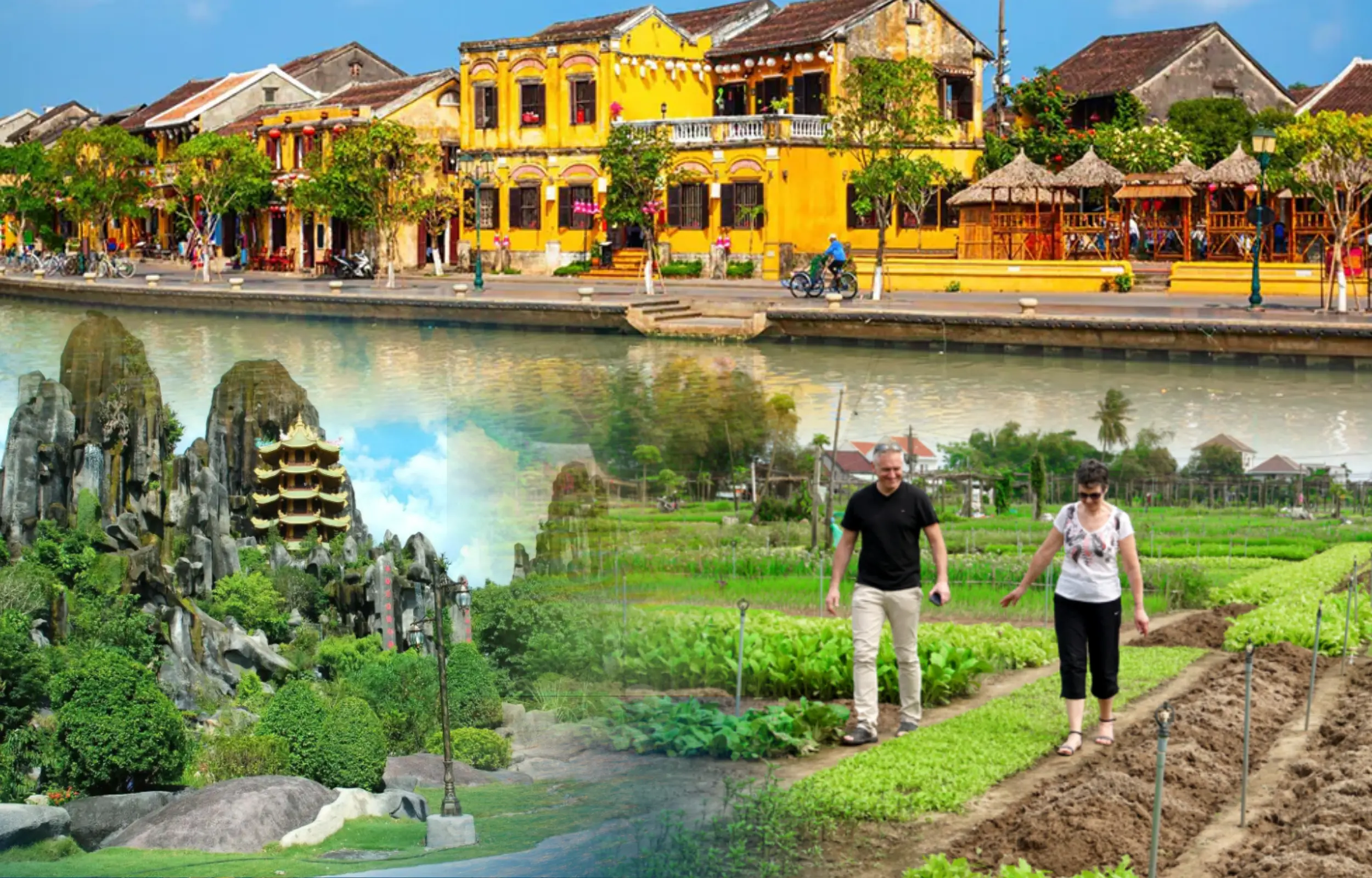 Da Nang and Hoi An Full Day Tour featuring Hoi An Ancient Town, Tra Que Vegetable Village, Marble Mountains, and rural countryside experiences, Vietnam travel.