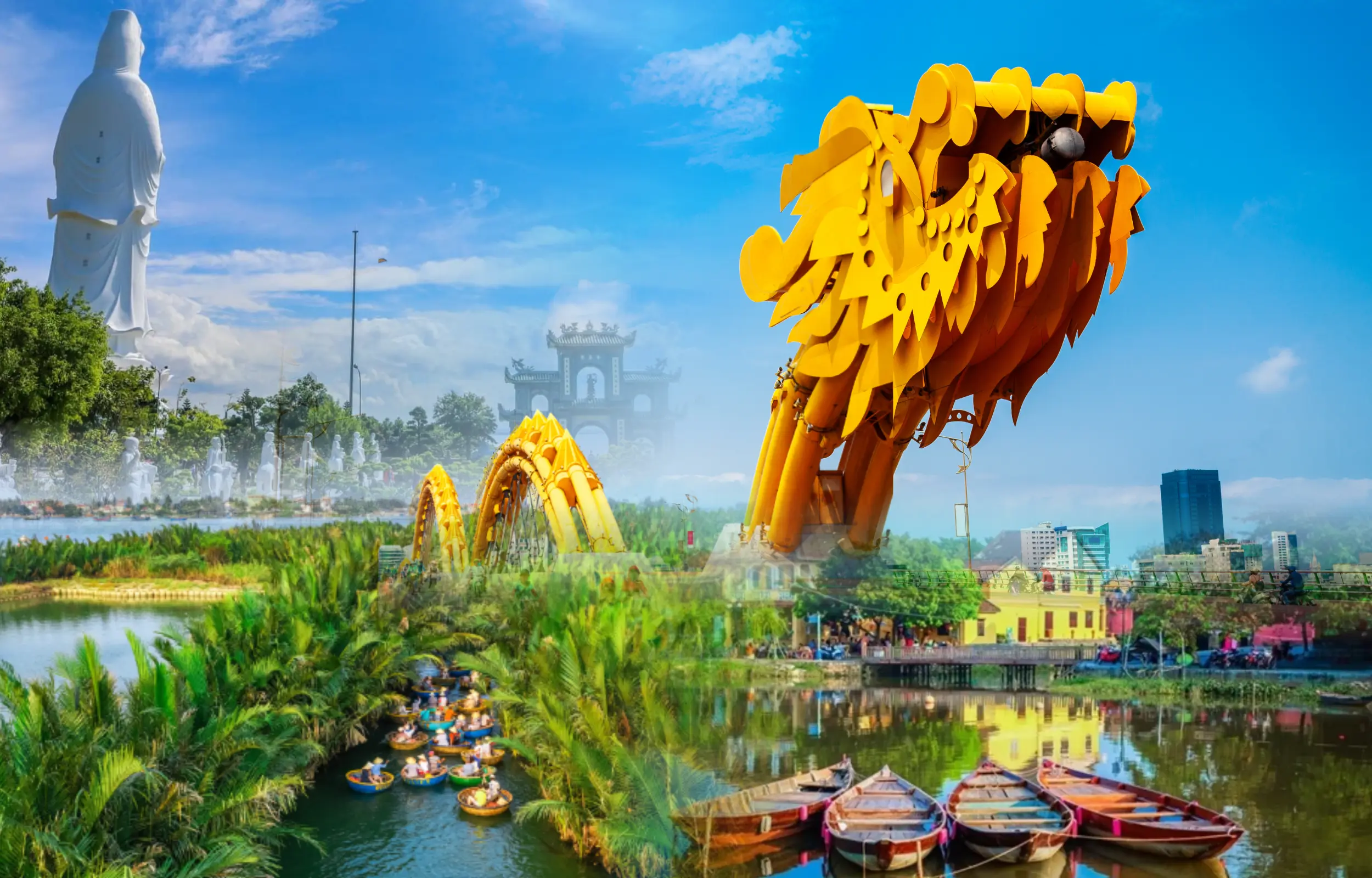Da Nang and Hoi An Full Day Tour featuring Linh Ung Pagoda, Marble Mountains, Golden Bridge Dragon Bridge, Coconut Jungle basket boats, and Hoi An Ancient Town, Vietnam travel experience.