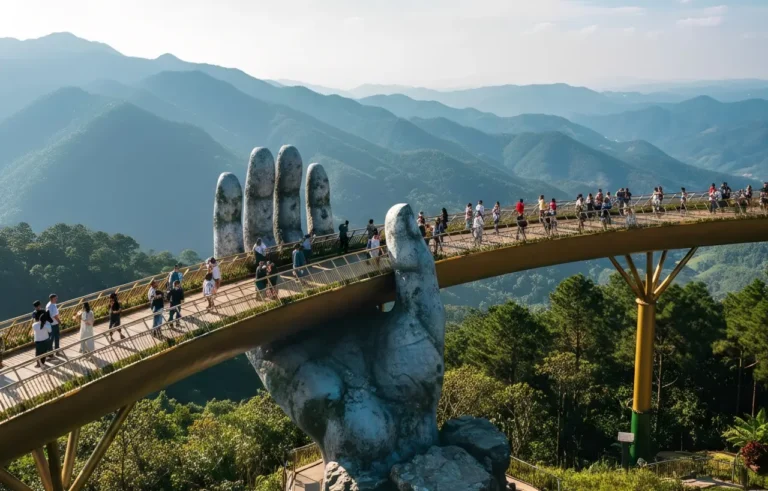 Visitors walking on Golden Bridge held by giant stone hands at Ba Na Hills, Da Nang, Vietnam