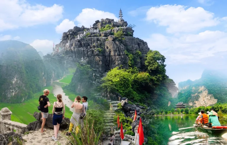 Hoa Lu Tam Coc Trang An Mua Cave cycling tour with international travelers exploring limestone mountains, river scenery, and rural landscapes in Ninh Binh, Vietnam travel experience.