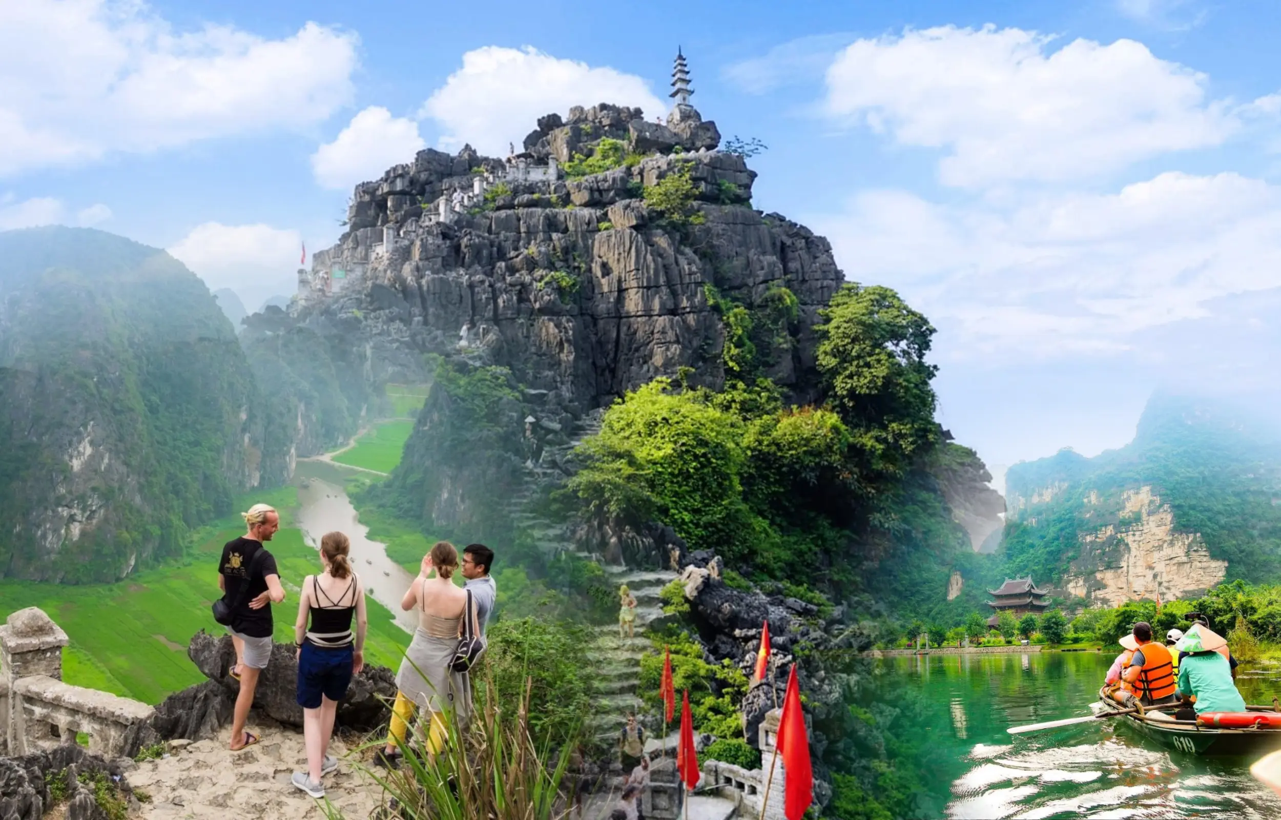 Hoa Lu Tam Coc Trang An Mua Cave cycling tour with international travelers exploring limestone mountains, river scenery, and rural landscapes in Ninh Binh, Vietnam travel experience.