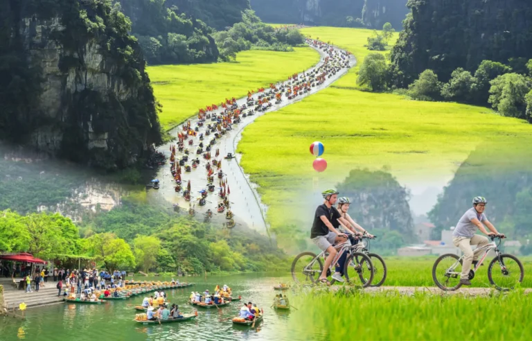 Hoa Lu Trang An Tam Coc cycling tour with boat rides, rice fields, limestone karst mountains, and countryside cycling in Ninh Binh, Vietnam travel experience.