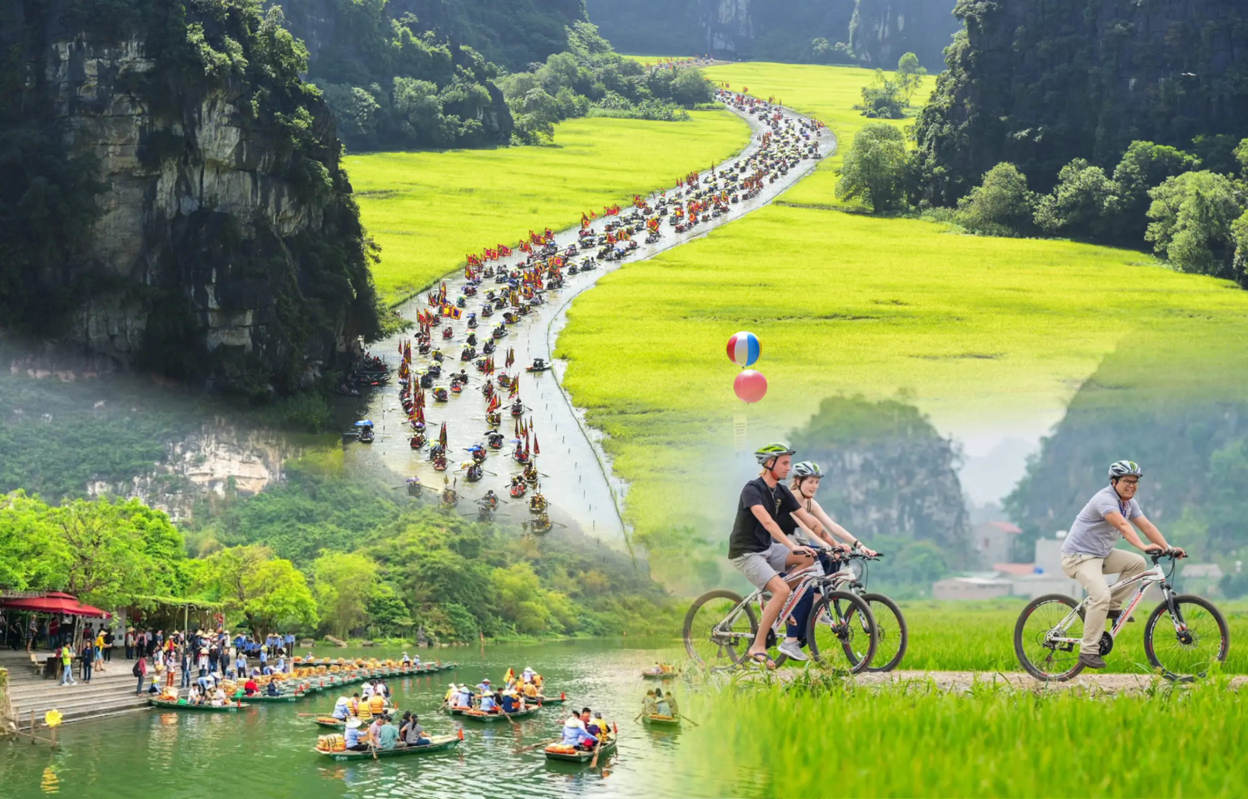 Hoa Lu Trang An Tam Coc cycling tour with boat rides, rice fields, limestone karst mountains, and countryside cycling in Ninh Binh, Vietnam travel experience.