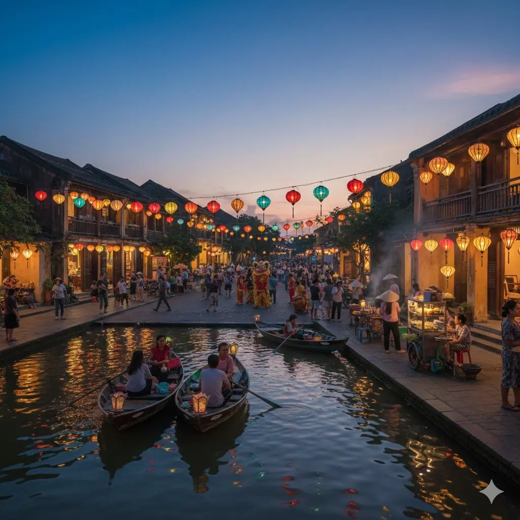 Hoi An Ancient Town at night with colorful lanterns, traditional wooden houses, tourists walking, and boats on the Hoai River