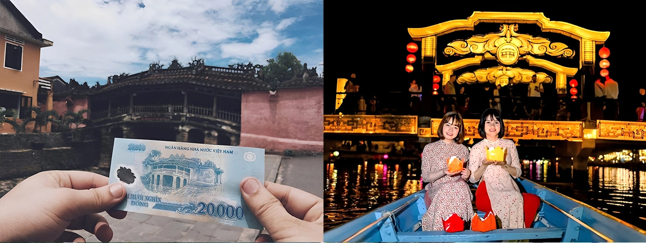 Hoi An Ancient Town featuring the Japanese Covered Bridge, local currency experience, and lantern boat ride on Hoai River at night in Vietnam
