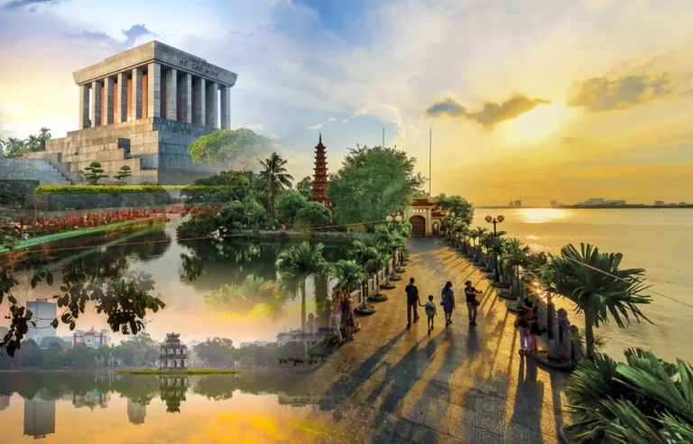 Morning Hanoi Half Day Tour featuring Ho Chi Minh Mausoleum, One Pillar Pagoda, West Lake, and Hoan Kiem Lake at sunrise in Hanoi city, Vietnam travel experience.
