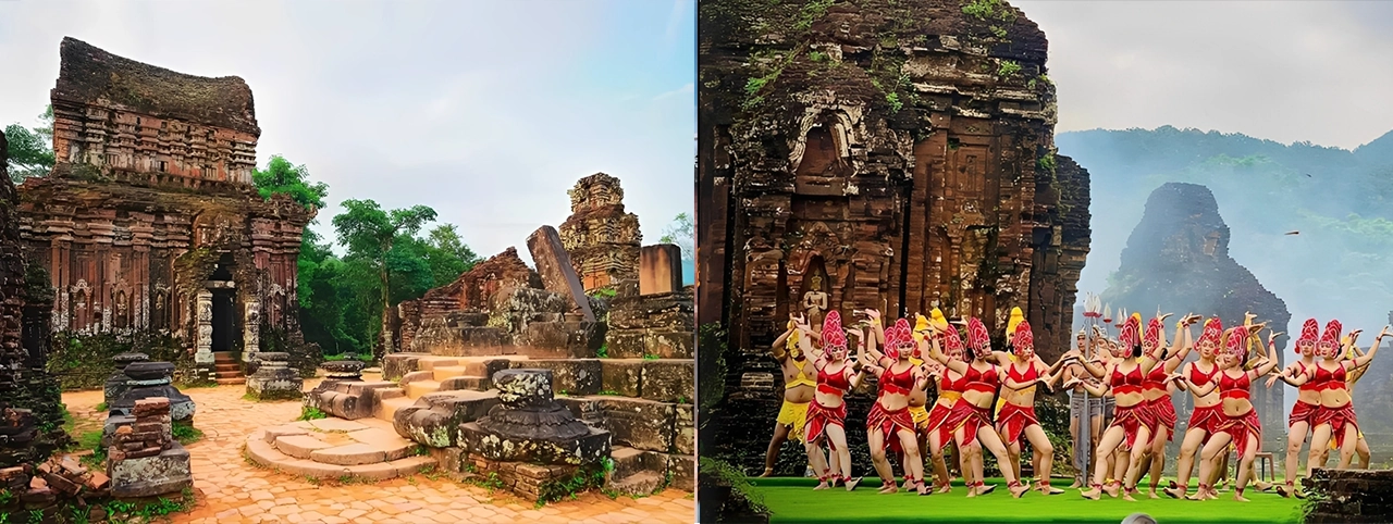 My Son Sanctuary UNESCO World Heritage Site featuring ancient Cham temple ruins and traditional Cham dance performance in central Vietnam