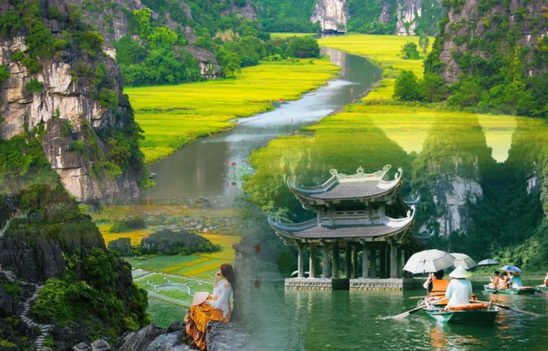 Ninh Binh Trang An one day tour with boat rides through limestone karst mountains, rivers, rice fields, and temples, Vietnam travel experience.