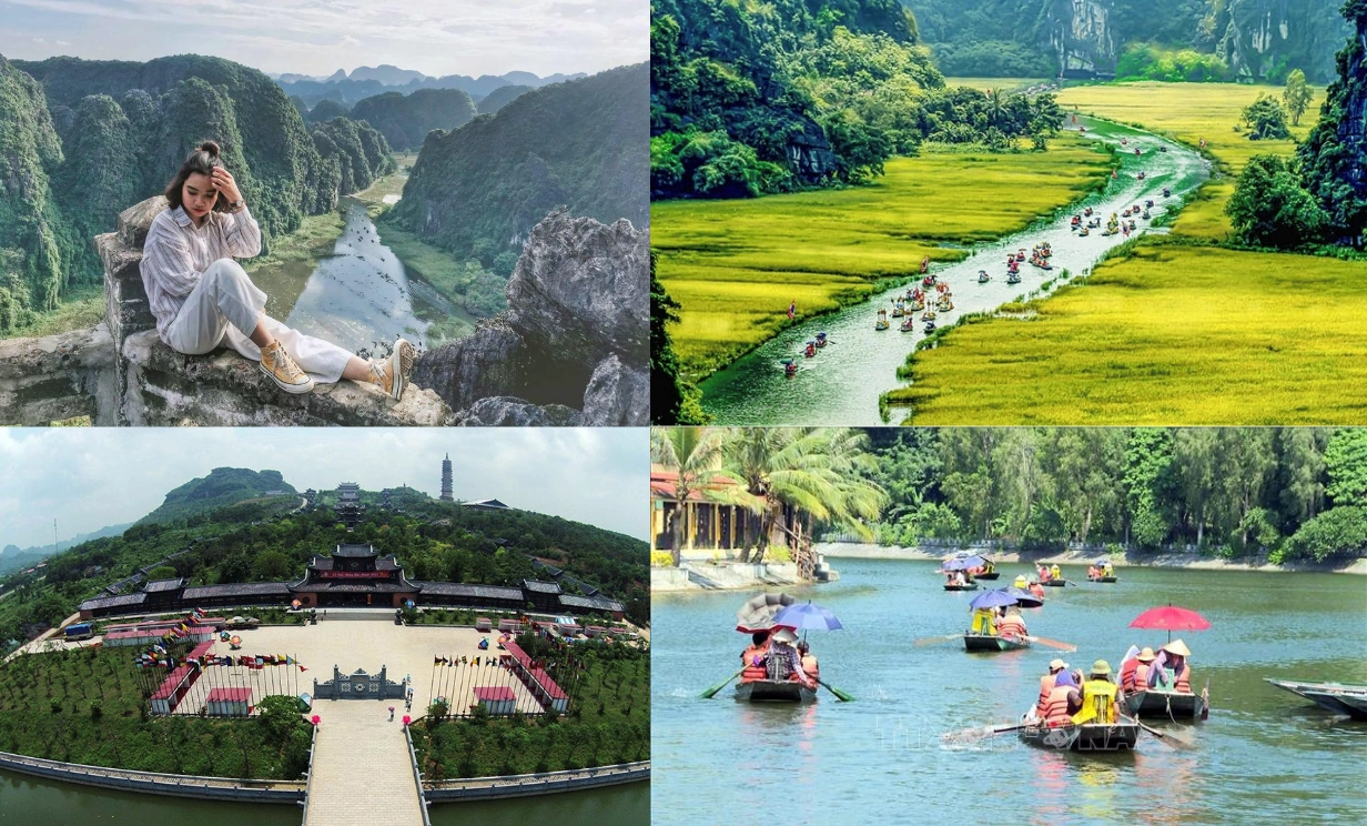 Beautiful scenery of Ninh Binh Vietnam featuring Trang An limestone mountains, Tam Coc river boat rides, rice fields, and Bai Dinh Pagoda
