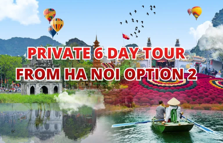 Private 6-day tour from Hanoi option 2 featuring Hoan Kiem Lake, Tran Quoc Pagoda, Ninh Binh boat ride through rice fields, limestone mountains, and traditional northern Vietnam landscapes