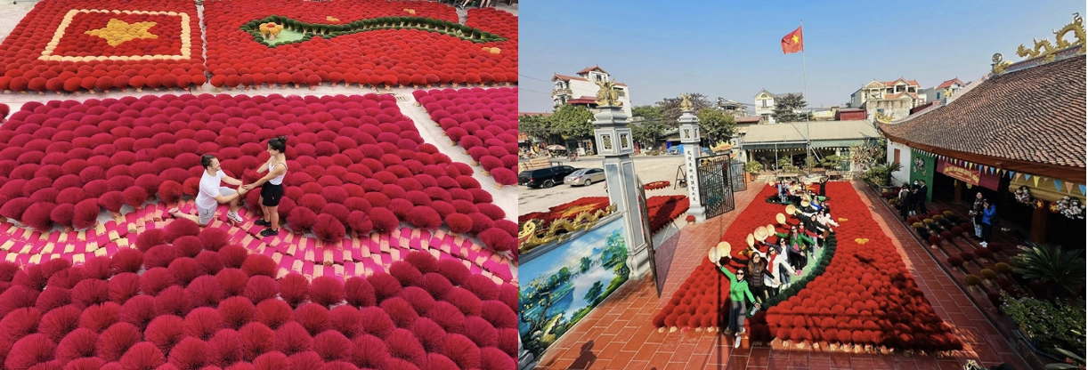 Aerial view of Quang Phu Cau village near Hanoi with red incense sticks drying in the sun and locals making traditional incense and conical hats