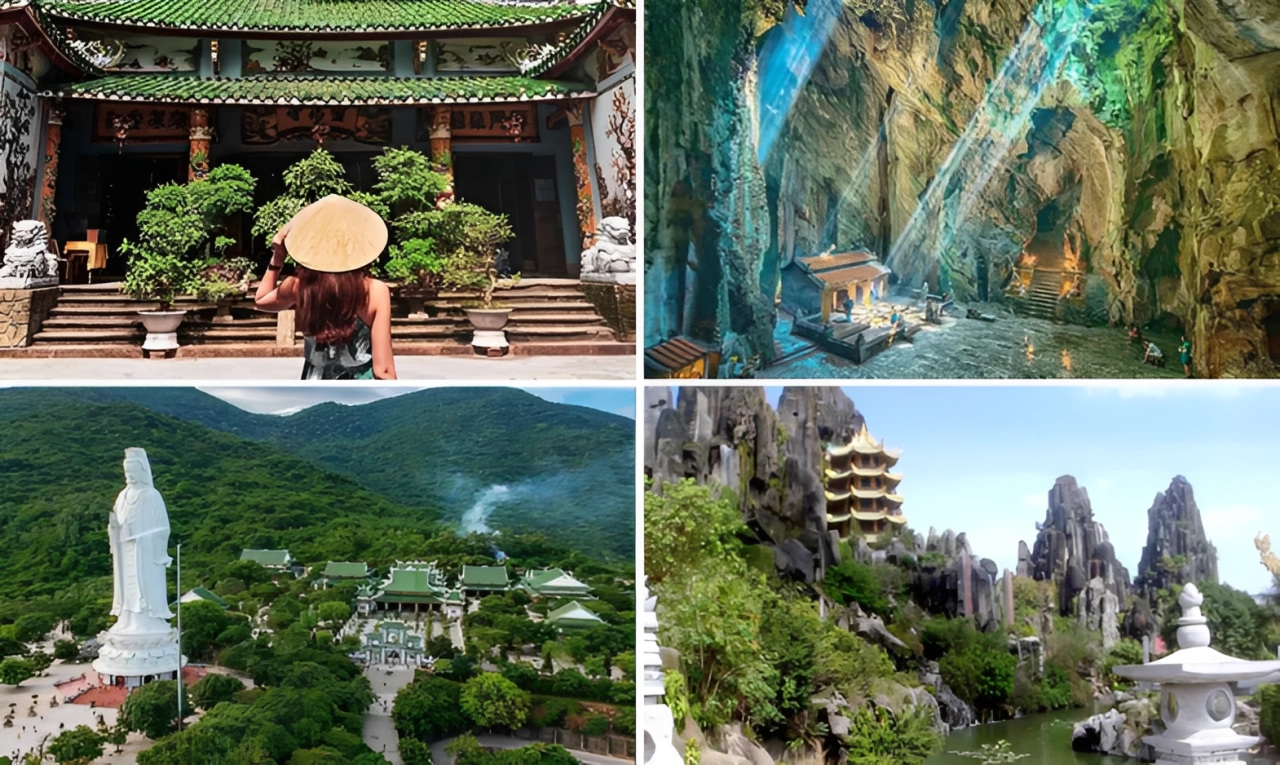 Son Tra Linh Ung Pagoda with the 67-meter Lady Buddha statue overlooking the ocean and Marble Mountains featuring Water Mountain caves and temples in Da Nang Vietnam