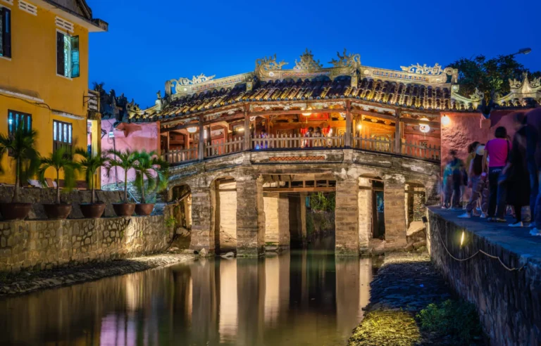 Japanese Covered Bridge Chua Cau in Hoi An ancient town at night Vietnam travel