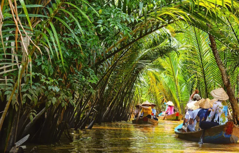 Boat ride through coconut palm waterways in Mekong Delta Vietnam travel