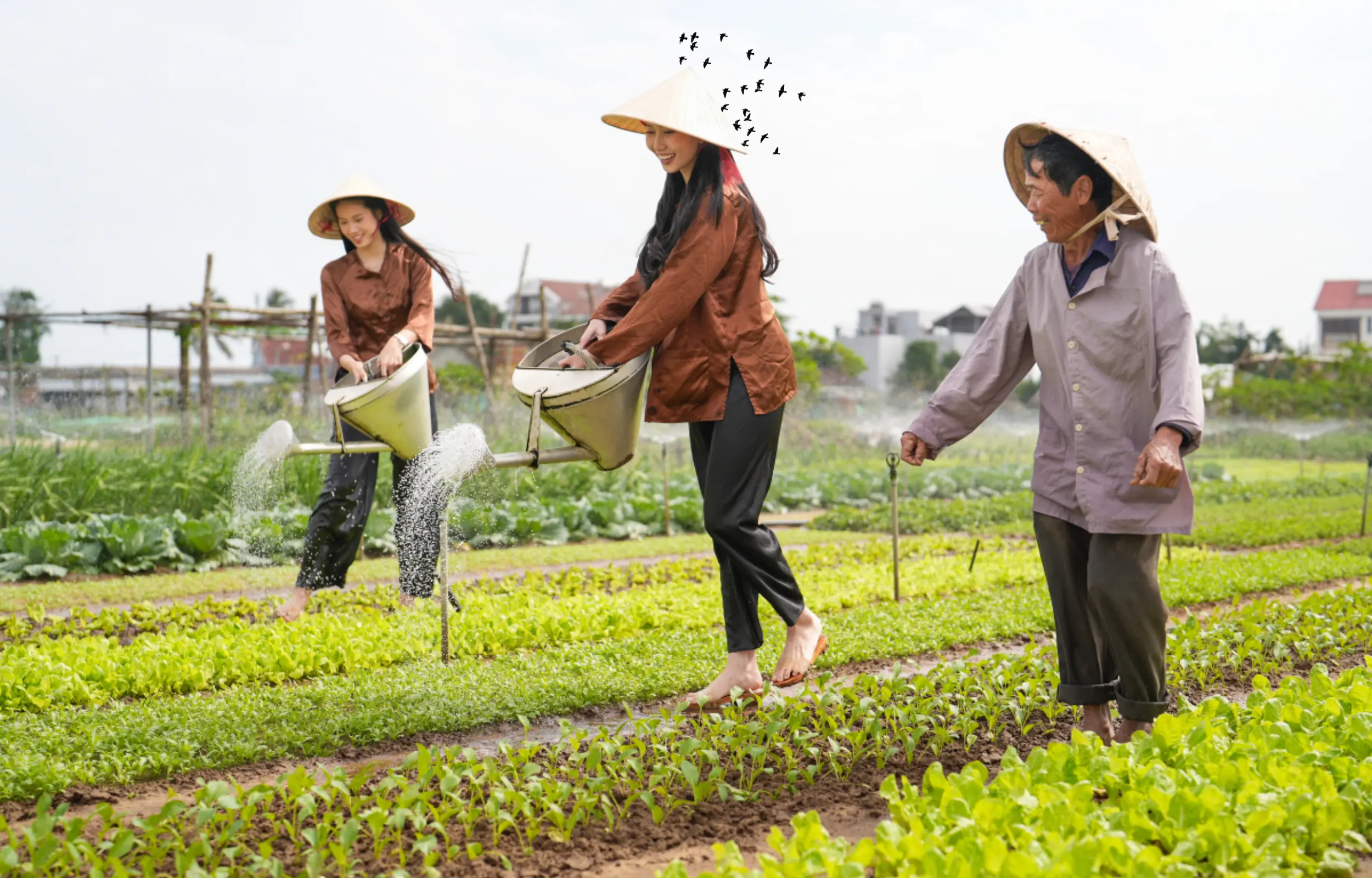 Tourists experiencing traditional farming activities at Tra Que Vegetable Village in Hoi An, Vietnam, learning to be a real farmer