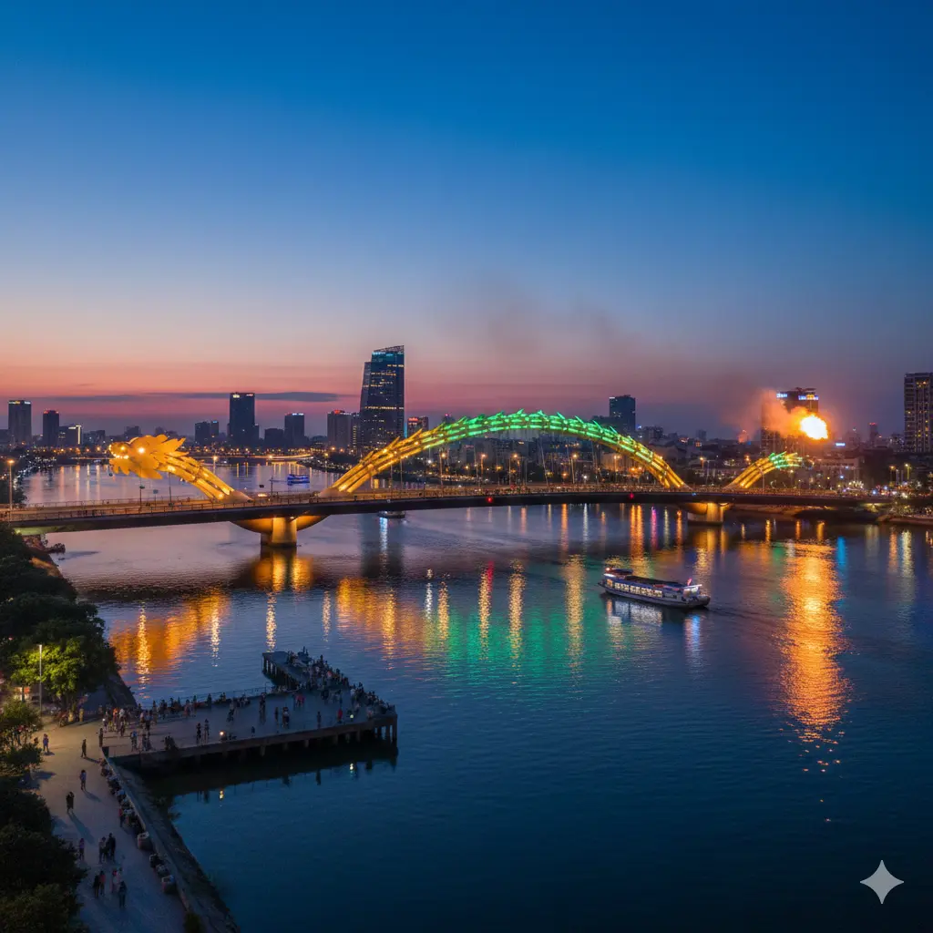 Dragon Bridge in Da Nang illuminated at night, breathing fire over the Han River with city skyline reflections on the water