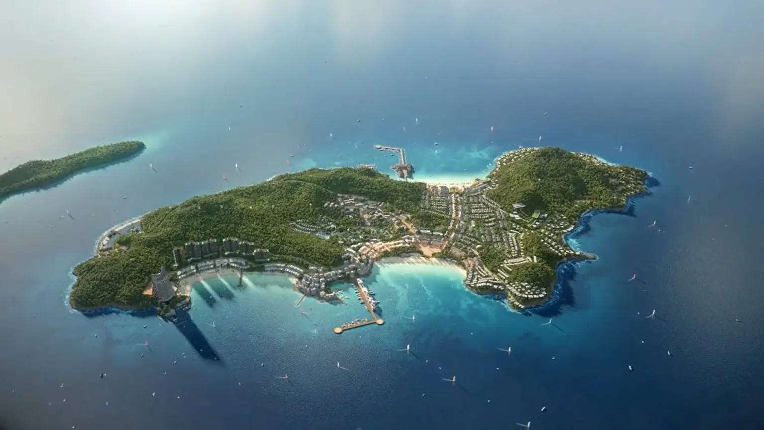 Hon Thom Island in Phu Quoc with cable cars over the blue sea and tropical islands, popular tourist attraction in Vietnam