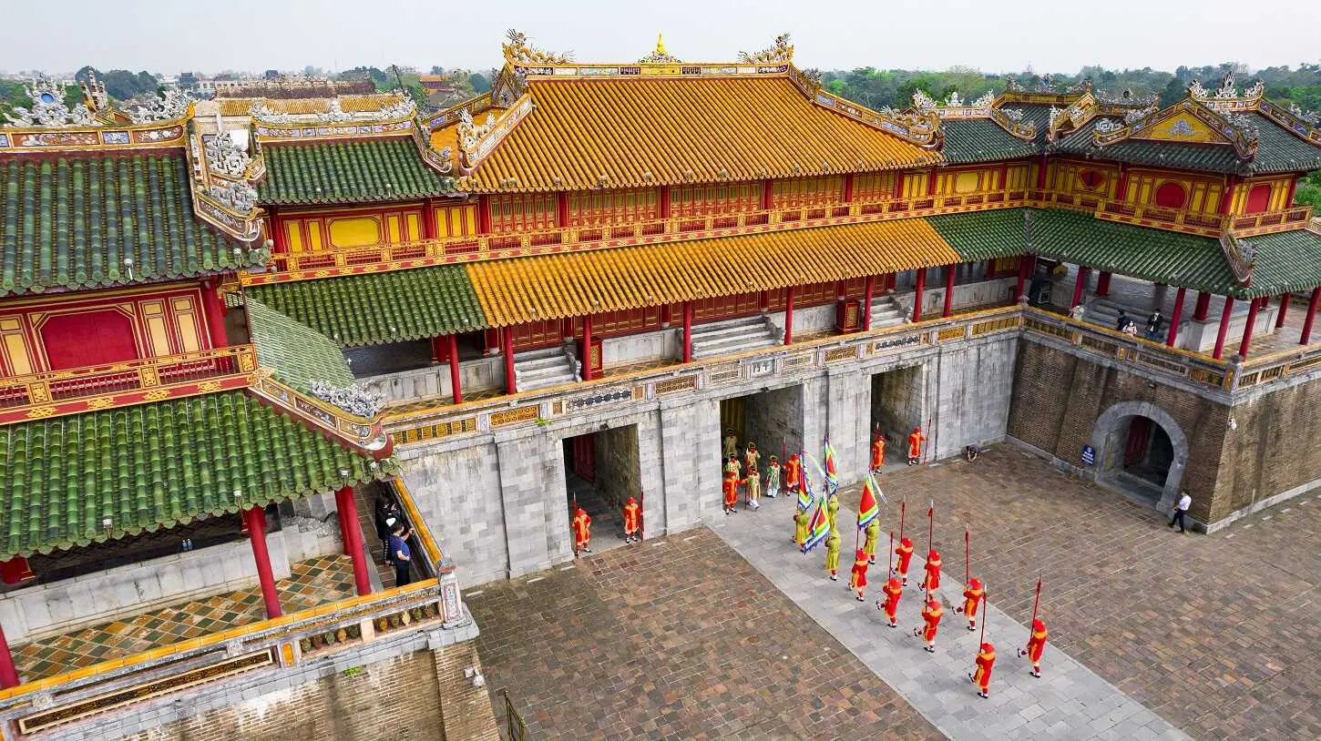 Hue Imperial City beside Perfume River with ancient royal architecture in central Vietnam