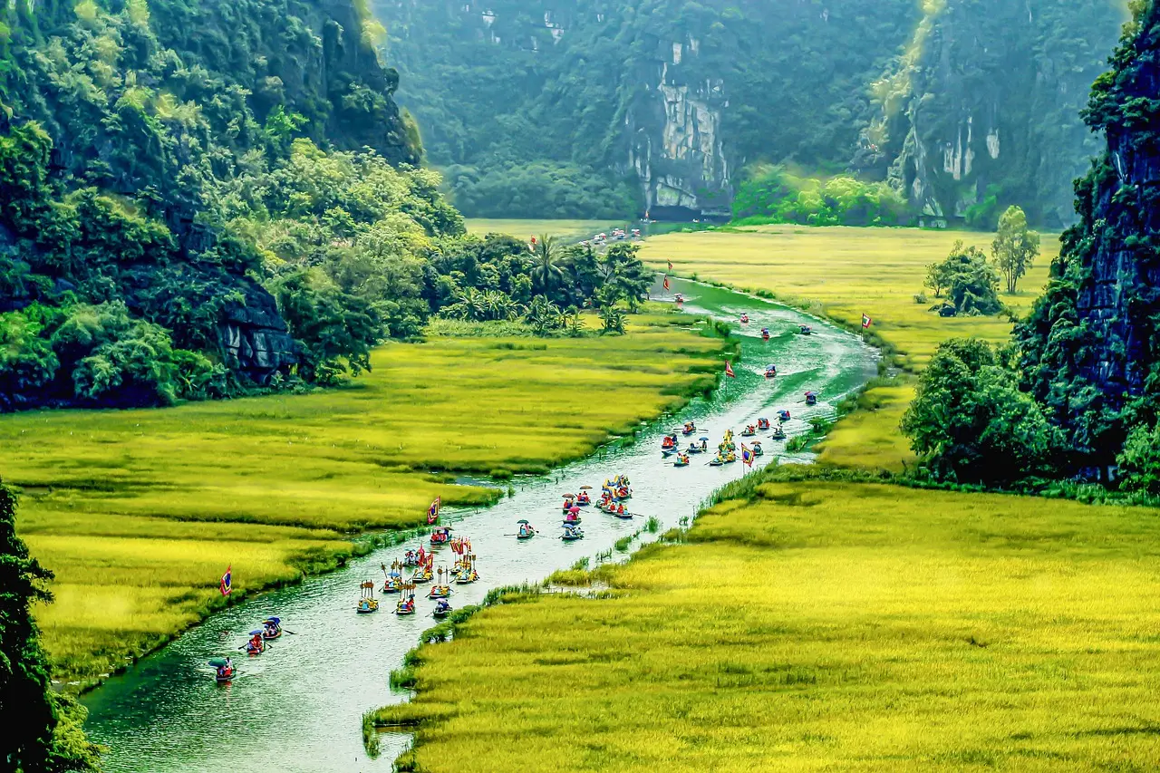 Ninh Binh travel with limestone mountains and river scenery in Vietnam
