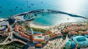 Aerial view of Phu Quoc Island Vietnam with turquoise sea, white sand beach, and tropical palm trees