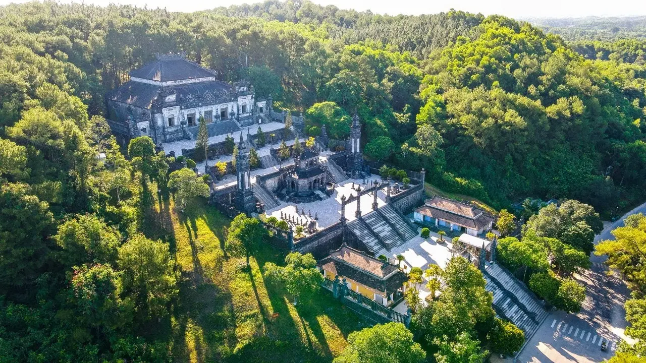 Thien Mu Pagoda overlooking Perfume River in Hue with historic seven-story tower