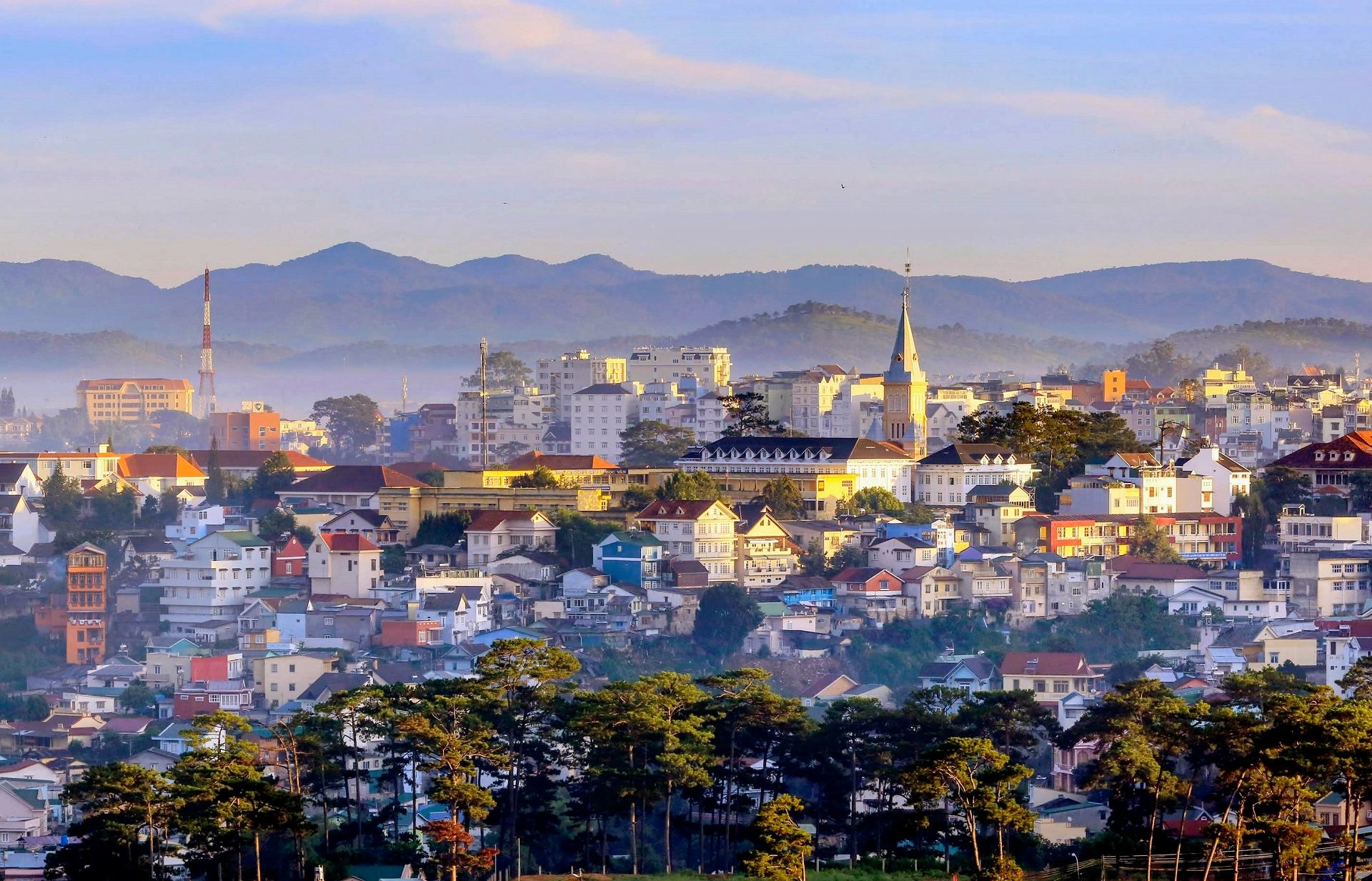 Golden sunrise over pine hills and misty valleys in Da Lat