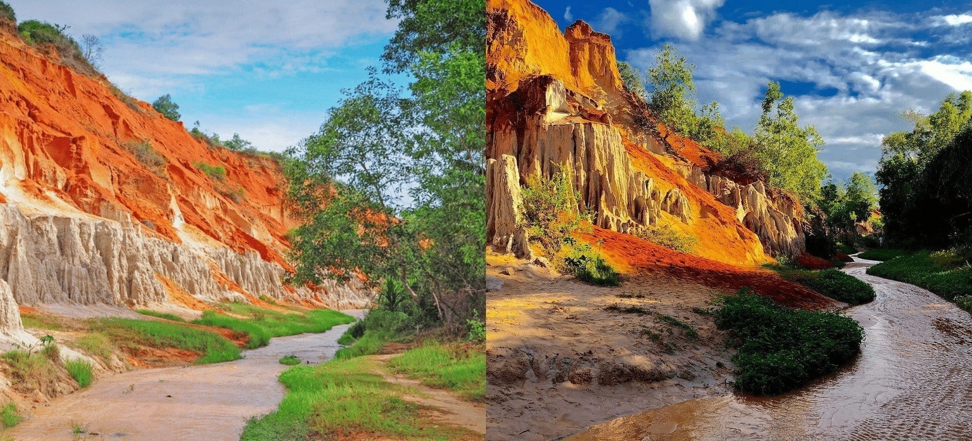 Colorful red and white sand formations along Fairy Stream Mui Ne with a shallow stream and greenery.