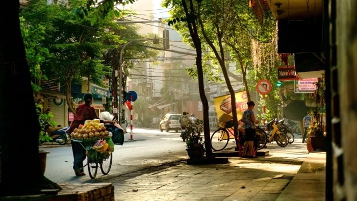 Street vendor cycling through a tree-lined street in Hanoi Old Quarter.