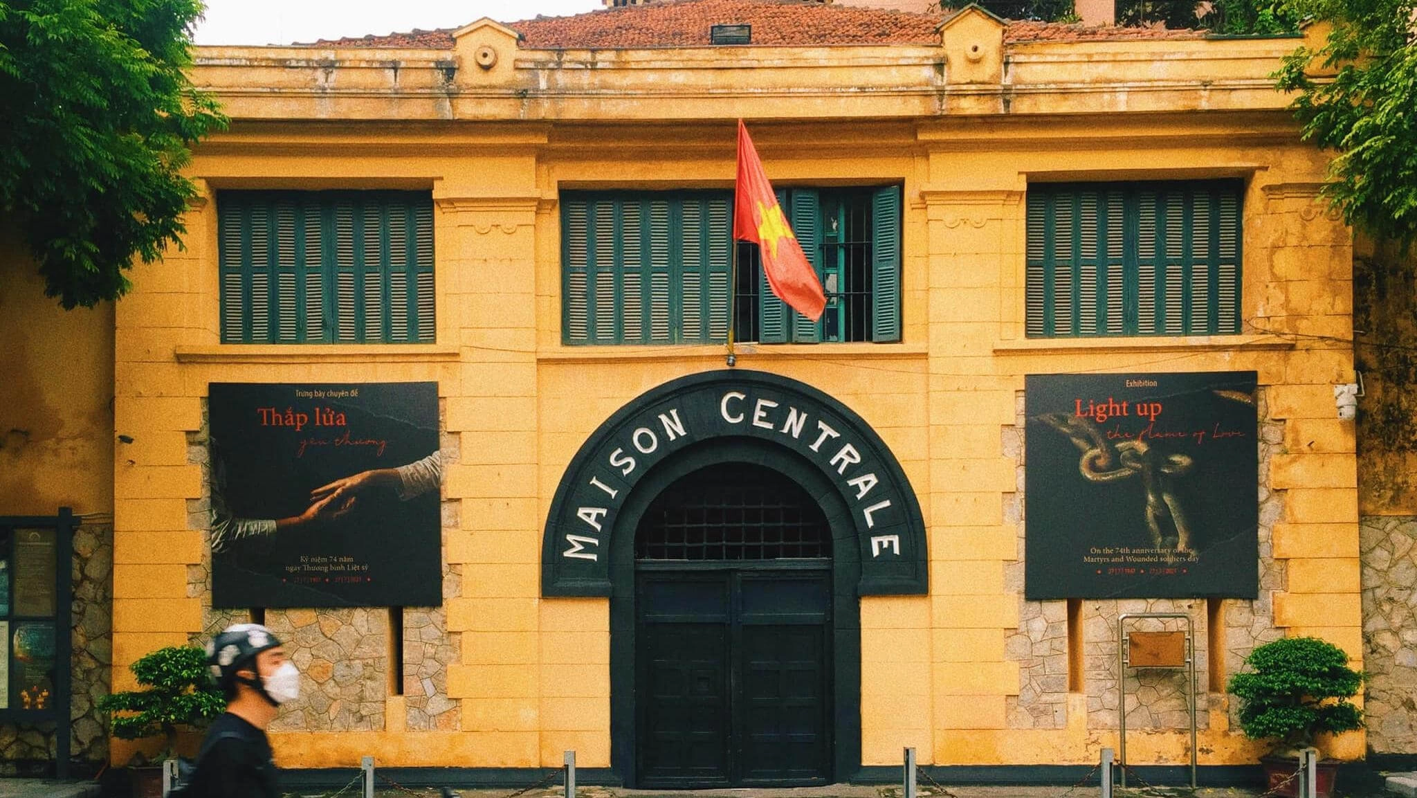 Entrance of Hoa Lo Prison museum in Hanoi with the sign “Maison Centrale.