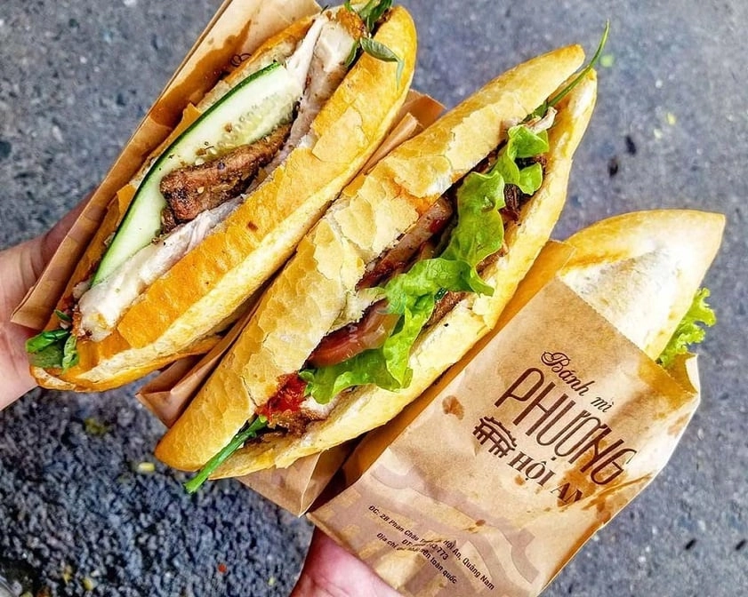 Vietnamese banh mi sandwich with pork, herbs, and cucumber from Hoi An.