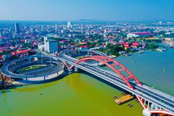 Aerial view of Hoang Van Thu Bridge crossing the Cam River in Hai Phong city, Vietnam.
