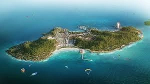 Aerial view of Hon Thom Island surrounded by turquoise sea near Phu Quoc Vietnam