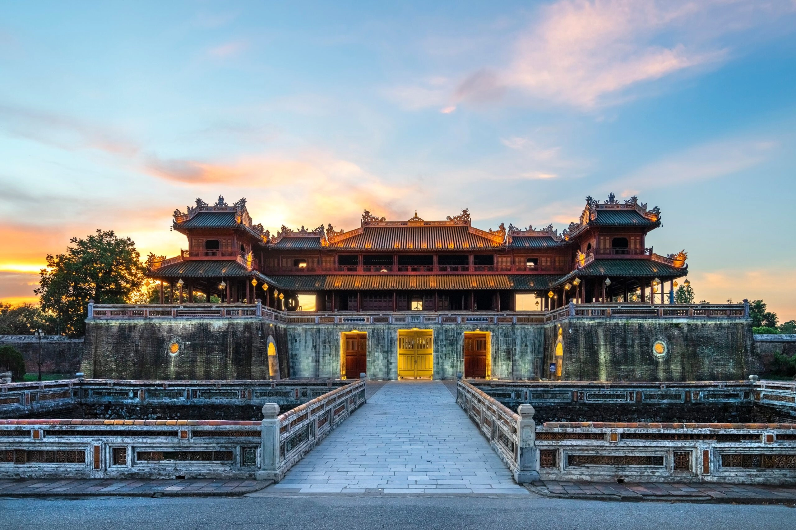The Imperial City of Hue ancient royal palace complex at sunset in Vietnam