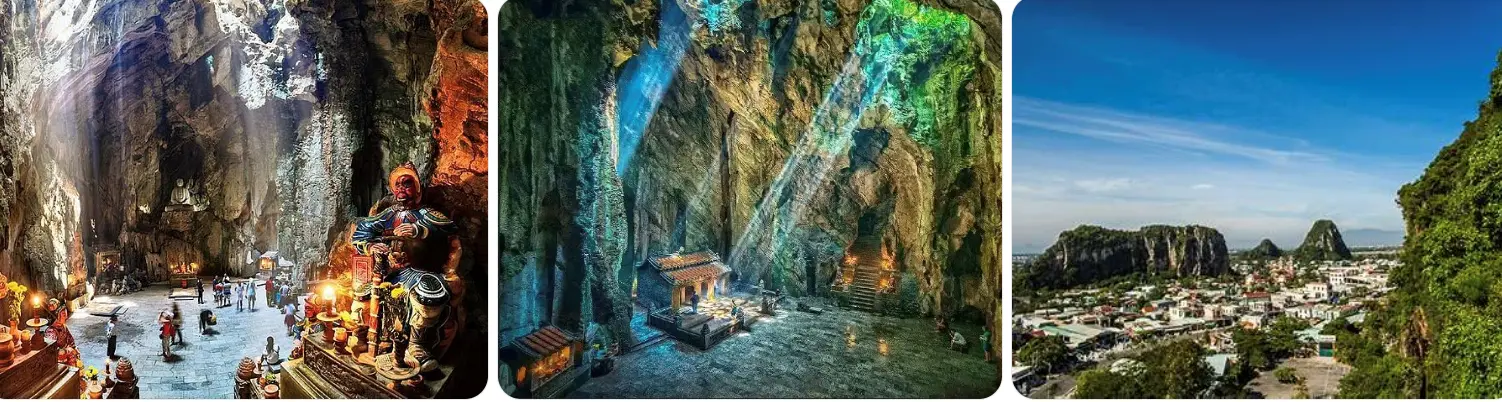 Collage of the Marble Mountains in Da Nang, featuring views inside the sacred Huyen Khong Cave with statues and sunbeams, and a wide panoramic landscape of the limestone karst formations.