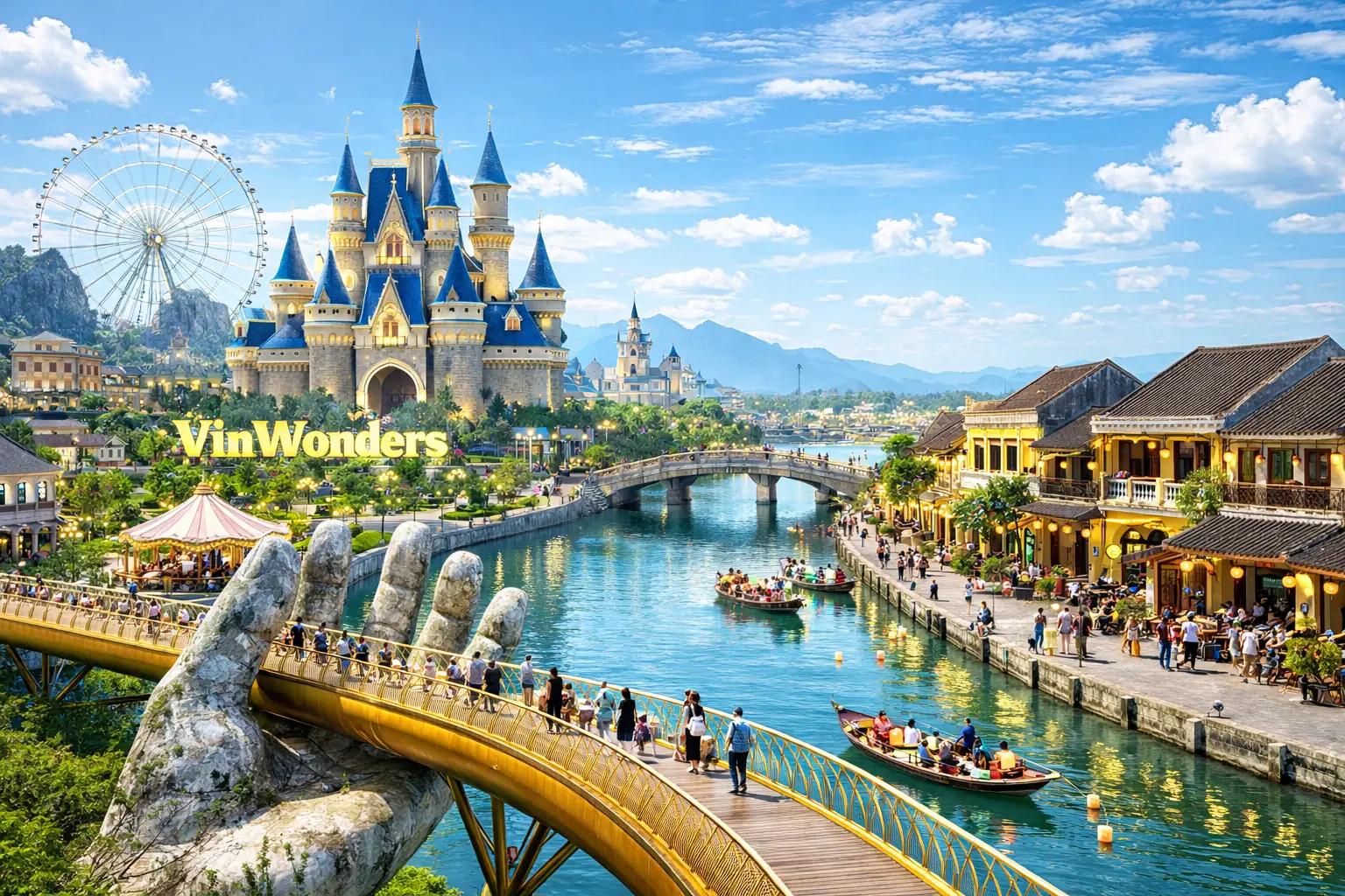 Golden Bridge in Da Nang with VinWonders castle and Hoi An Ancient Town river view, Vietnam travel destination