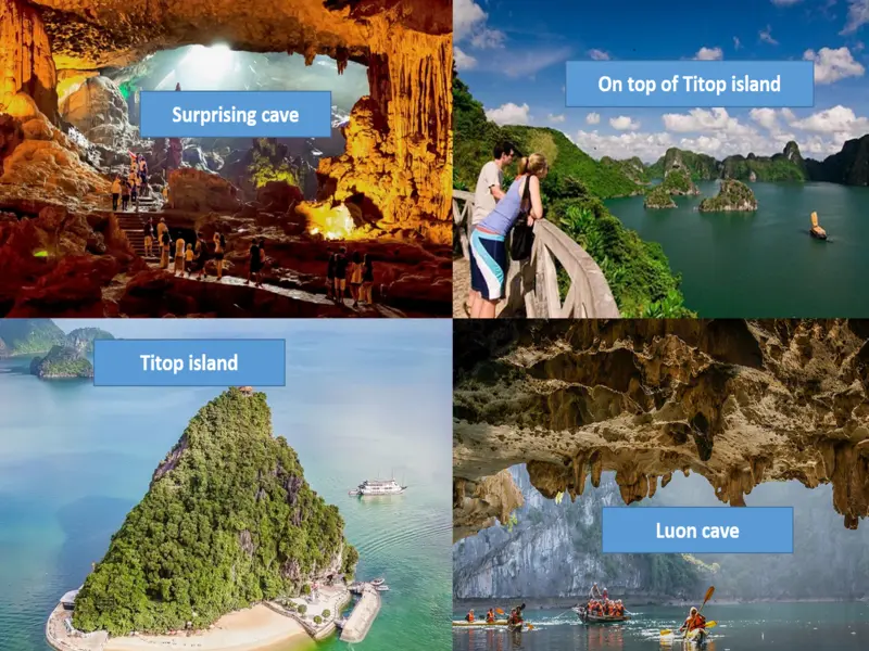 Collage of Ha Long Bay attractions featuring Sung Sot Cave, Titop Island, the view from the top of Titop Island, and Luon Cave with StarTour