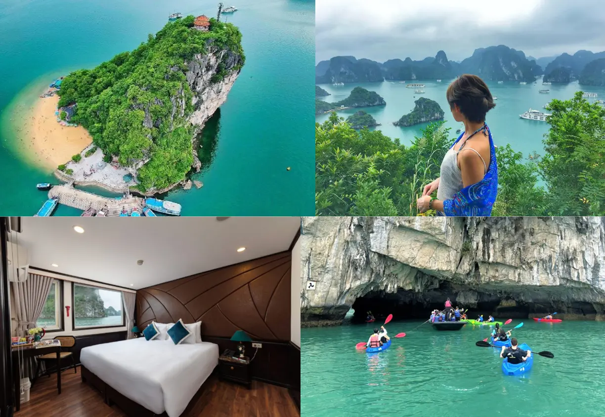 Collage of Ha Long Bay featuring a scenic limestone island, panoramic bay view, luxury cruise cabin, and kayaking adventure with StarTour