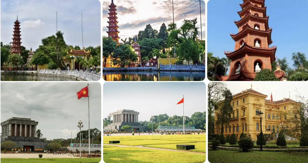 Hanoi cultural landmarks collage featuring Tran Quoc Pagoda, Ho Chi Minh Mausoleum, and the Presidential Palace with StarTour travel services