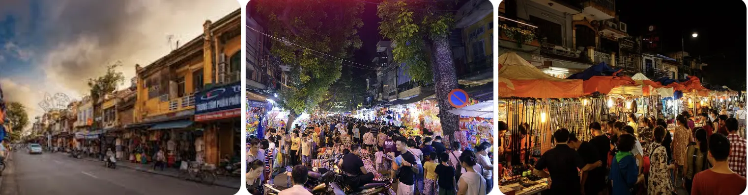 Collage of Hanoi Old Quarter and Hanoi Night Market featuring historic streets, crowded shopping stalls, and vibrant evening atmosphere with StarTour