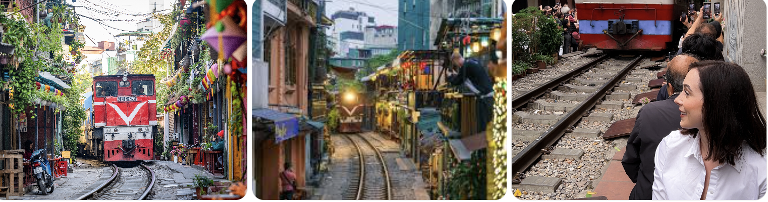 Collage of Hanoi Train Street featuring a train passing through the narrow railway street, local cafés, and visitors enjoying the unique attraction with StarTour