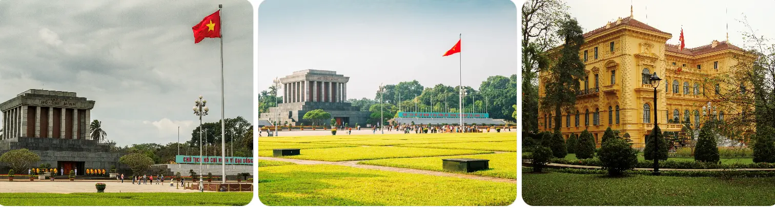 Collage of Ho Chi Minh Mausoleum, Ba Dinh Square, and the Presidential Palace in Hanoi with StarTour Caption: