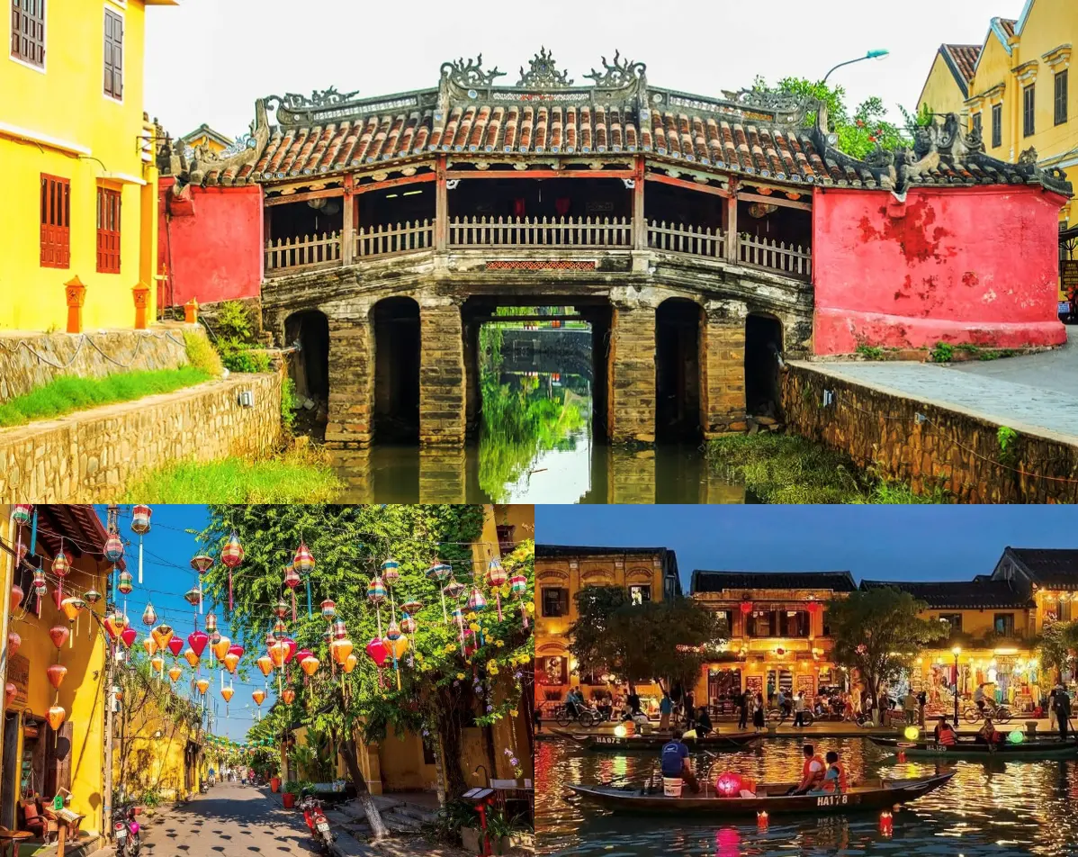 Collage of Hoi An Ancient Town featuring the Japanese Covered Bridge, lantern-lined streets, and traditional wooden boats on the Hoai River at night.