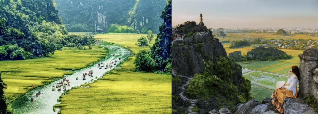 Collage of Ninh Binh featuring Tam Coc boat rides through rice fields and a scenic Hang Mua viewpoint with StarTour