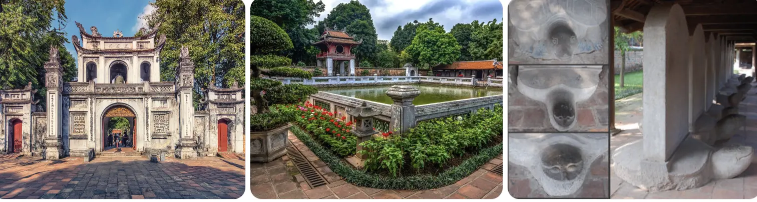 Collage of the Temple of Literature in Hanoi featuring the historic entrance gate, Khue Van Pavilion, and stone turtle steles with StarTour