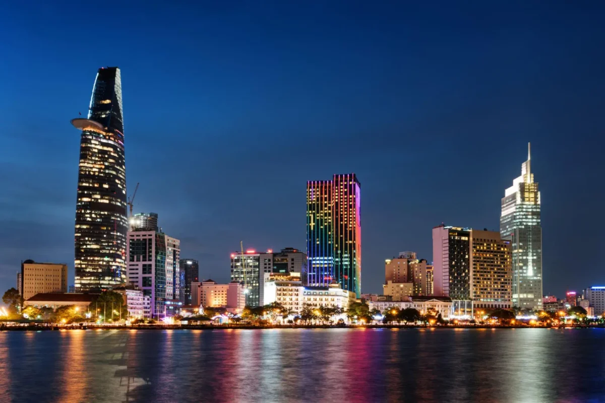 Ho Chi Minh City skyline at night with modern skyscrapers – a dynamic destination in any Vietnam travel guide